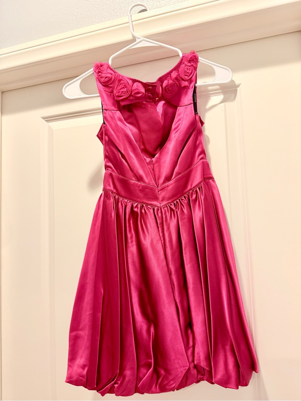 Bebe XXS Hot Pink Satin Rosette Bubble Hem Dress Y2K Party Cocktail